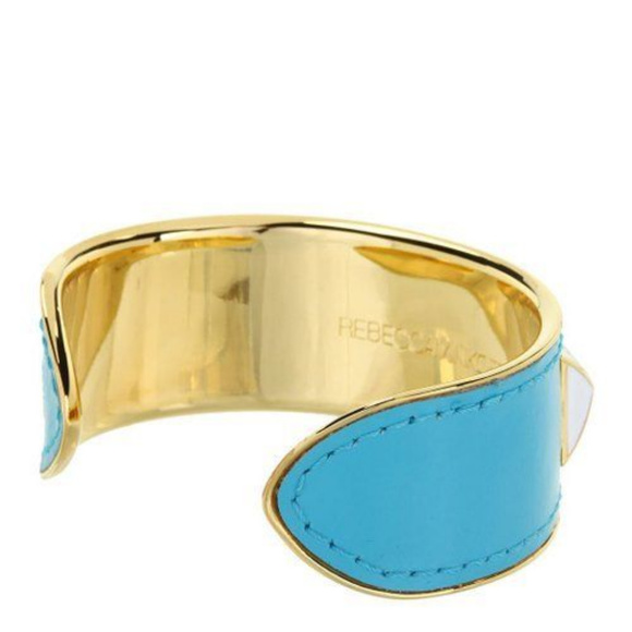 REBECCA MINKOFF LEATHER/ENAMEL CUFF BRACELET TURQUOISE LEATHER GOLD PLATED NWOT - Picture 2 of 3